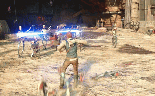 A Video Game Scene With A Man Fighting A Robot GIF