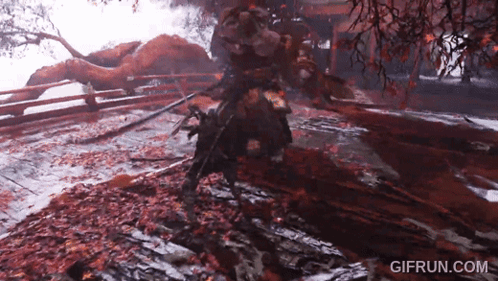 A Video Game Scene With A Samurai Fighting A Monster With A Sword GIF