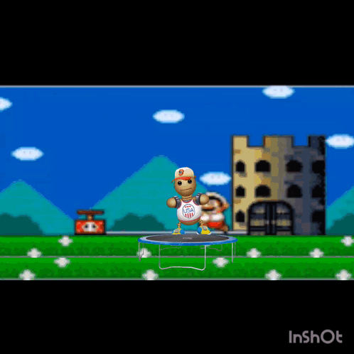 A Video Game Scene With A Trampoline And A Speech Bubble That Says Thank You GIF