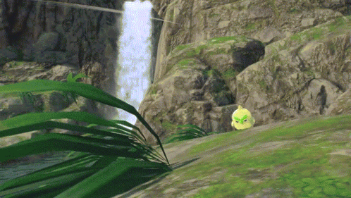 A Video Game Scene With A Waterfall In The Background And A Yellow Bird In The Foreground GIF