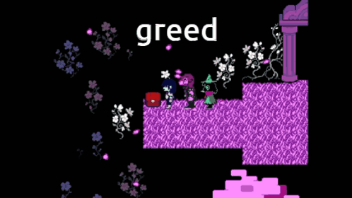 a video game scene with greed written on the bottom