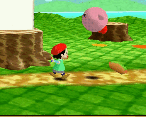 A Video Game Scene With Kirby And A Boy Walking On A Path GIF