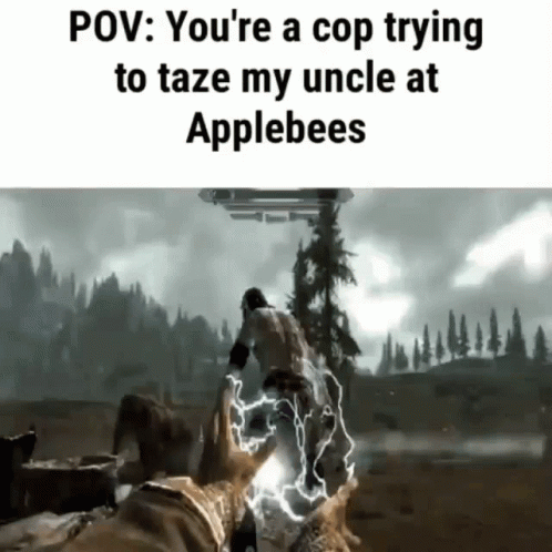 A Video Game Scene With The Caption " You 'Re A Cop Trying To Taze My Uncle At Applebee " GIF