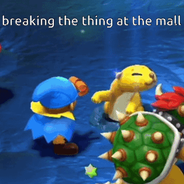 A Video Game Scene With The Words Breaking The Thing At The Mall Above It GIF