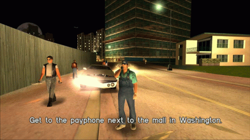 A Video Game Scene With The Words Get To The Payphone Next To The Mall In Washington On The Bottom GIF