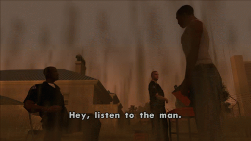 A Video Game Scene With The Words Hey Listen To The Man On The Bottom GIF