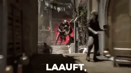 A Video Game Scene With The Words Laauft In The Corner . GIF