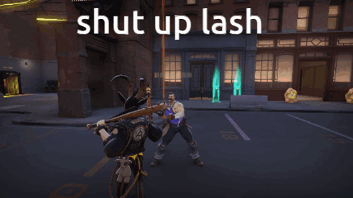 A Video Game Scene With The Words Shut Up Lash On The Top GIF