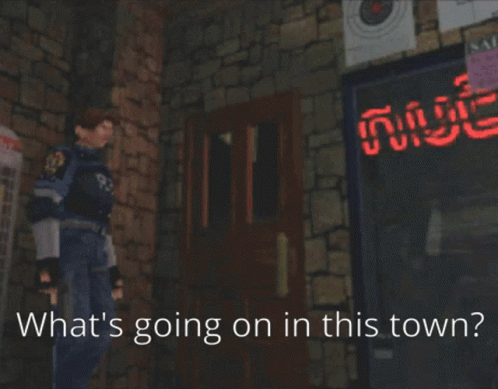 A Video Game Scene With The Words " What 'S Going On In This Town " On The Bottom GIF