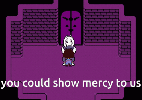 A Video Game Scene With The Words " You Could Show Mercy To Us " At The Bottom GIF