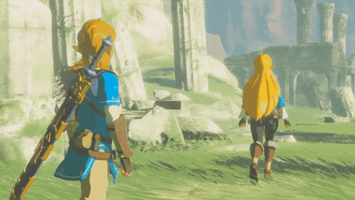 A Video Game Scene With Two Characters Walking In The Grass GIF