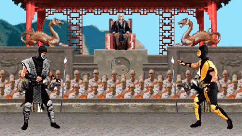 A Video Game Scene With Two Fighters And A King GIF
