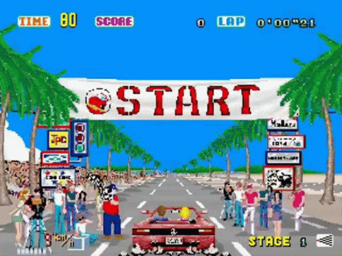 A Video Game Screen Shows A Car Driving Down A Street With A Banner That Says Start GIF
