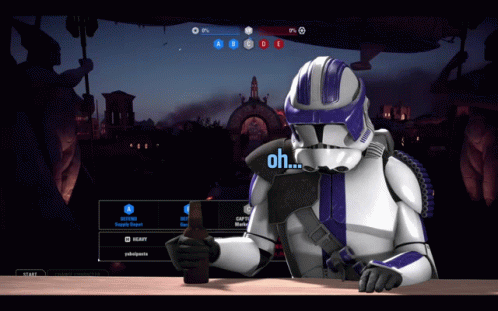 A Video Game Screen Shows A Clone Trooper Holding A Bottle Of Beer And Saying Oh GIF