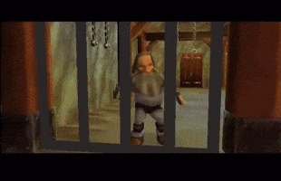 A Video Game Screen Shows A Dwarf Running With The Words Balfor And Freedom Below Him GIF