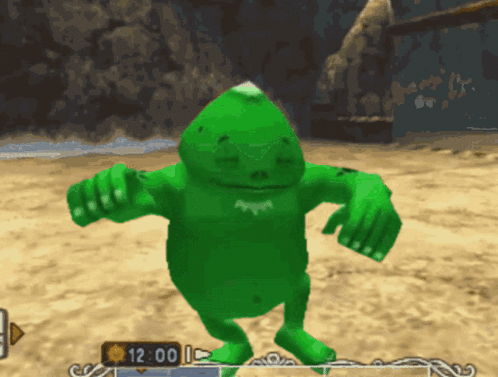 A Video Game Screen Shows A Green Monster Dancing And The Time 12:00 GIF