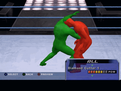 A Video Game Screen Shows A Green Wrestler And A Red Wrestler Fighting GIF