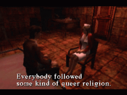 A Video Game Screen Shows A Man And A Woman Talking About Weird Occult Stuff And Black Magic GIF