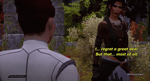 A Video Game Screen Shows A Man And A Woman Talking And The Woman Says " I Regret A Great Deal " GIF