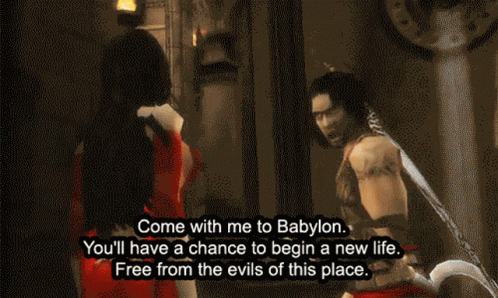 A Video Game Screen Shows A Man And A Woman Talking To Each Other And The Words Come With Me To Babylon GIF