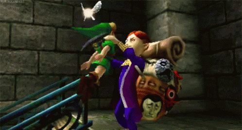A Video Game Screen Shows A Man Carrying A Mask And A Bird Flying Overhead GIF