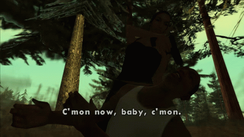 A Video Game Screen Shows A Man Carrying A Woman On His Shoulders And The Words C Mon Now Baby C ' Mon GIF