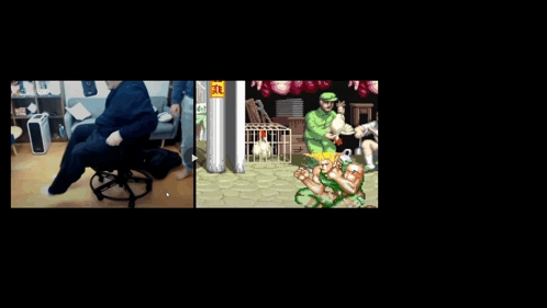 A Video Game Screen Shows A Man Doing A Handstand And A Chicken In A Cage GIF