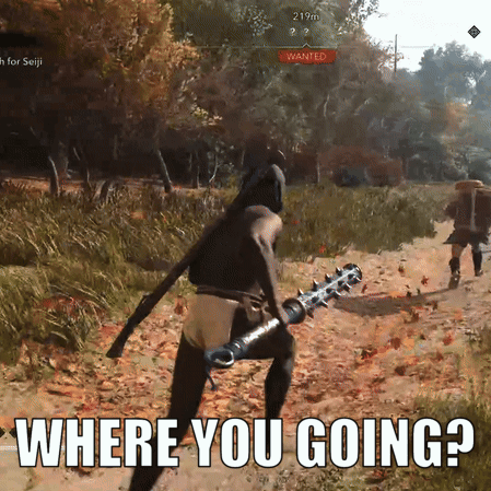 A Video Game Screen Shows A Man Holding A Sword And The Words " Where You Going " GIF