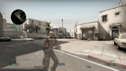 A Video Game Screen Shows A Man Standing In Front Of A Building That Says ' Fence ' On It GIF