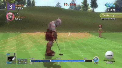 A Video Game Screen Shows A Man Swinging A Golf Club On A Green GIF