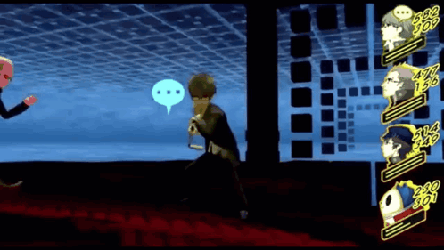 A Video Game Screen Shows A Man With A Mask Talking To A Woman GIF