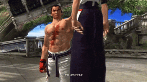 A Video Game Screen Shows A Man With Blood On His Chest And The Words " Vs Battle " GIF