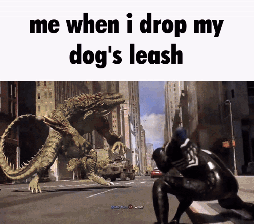 A Video Game Screen Shows A Monster And Says Me When I Drop My Dog 'S Leash At The Bottom GIF
