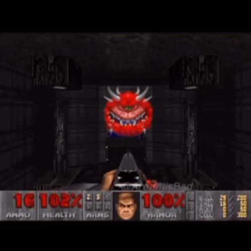 A Video Game Screen Shows A Monster With Horns And A Score Of 16 102 % GIF