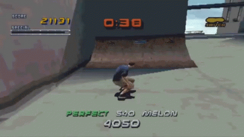 A Video Game Screen Shows A Person Riding A Skateboard And Says Perfect 500 Melon GIF