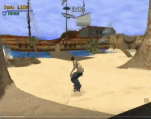 A Video Game Screen Shows A Person Riding A Skateboard On A Sandy Beach GIF