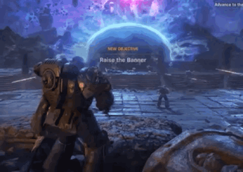 A Video Game Screen Shows A Robot Standing In Front Of A Banner That Says " New Objective Raise The Banner " GIF
