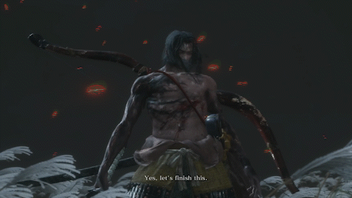 A Video Game Screen Shows A Samurai Holding A Sword And Saying " Yes Let 'S Finish This " GIF