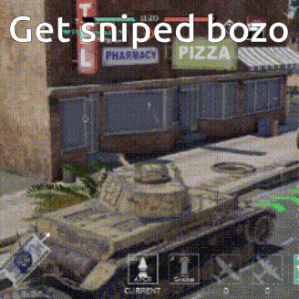 A Video Game Screen Shows A Tank In Front Of A Pharmacy And Pizza Shop GIF
