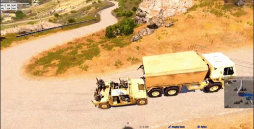 A Video Game Screen Shows A Truck Pulling A Jeep GIF
