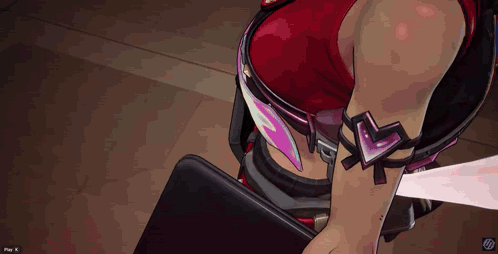 A Video Game Screen Shows A Woman Holding A Laptop And A Play X Button GIF