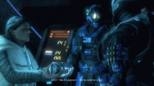 A Video Game Screen Shows A Woman Talking To A Man In A Blue Uniform And Says Noble GIF