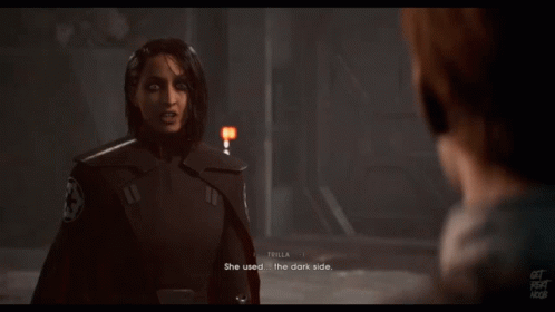 A Video Game Screen Shows A Woman Talking To A Man Who Says She Used The Dark Side GIF