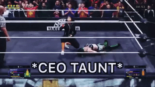 A Video Game Screen Shows A Wrestler Laying On The Ground With The Words Ceo Taunt Above Him GIF