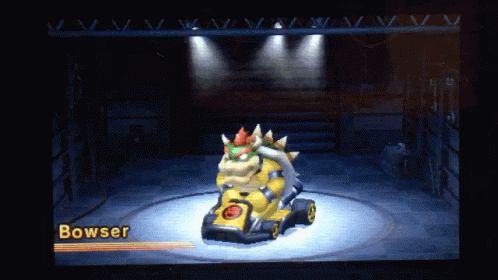 a video game screen shows bowser in a yellow kart