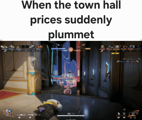 A Video Game Screen With The Words When The Town Hall Prices Suddenly Plummet GIF
