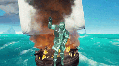 A Video Game Screenshot Of A Man On A Boat With A Fire Behind Him GIF
