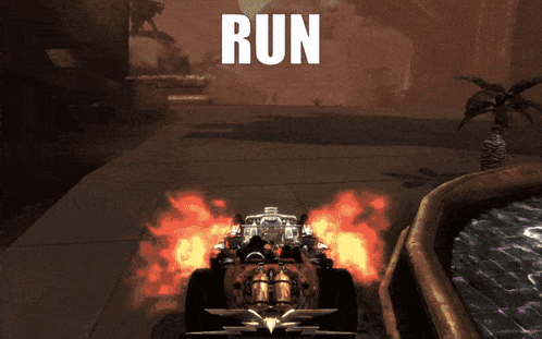 A Video Game Shows A Car With Flames Coming Out Of It And The Words Run Above It GIF