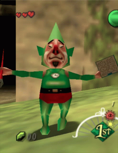 A Video Game Shows A Green Elf Holding A Map And A 1St Sign GIF