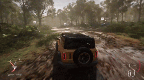 A Video Game Shows A Jeep Driving Through A Muddy Area With The Number 83 On The Screen GIF